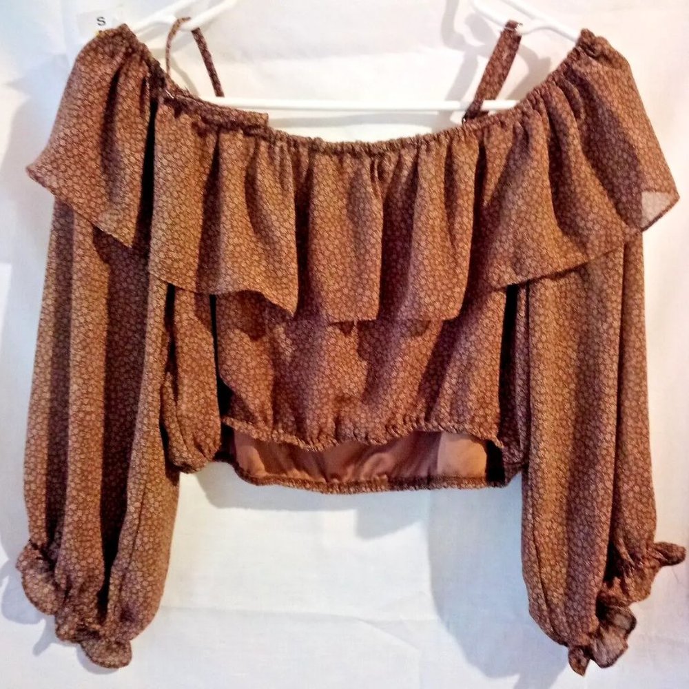French Kiss Top Blouse - Off Shoulder, Crop Top - Brown Mini Flowers Size Medium
